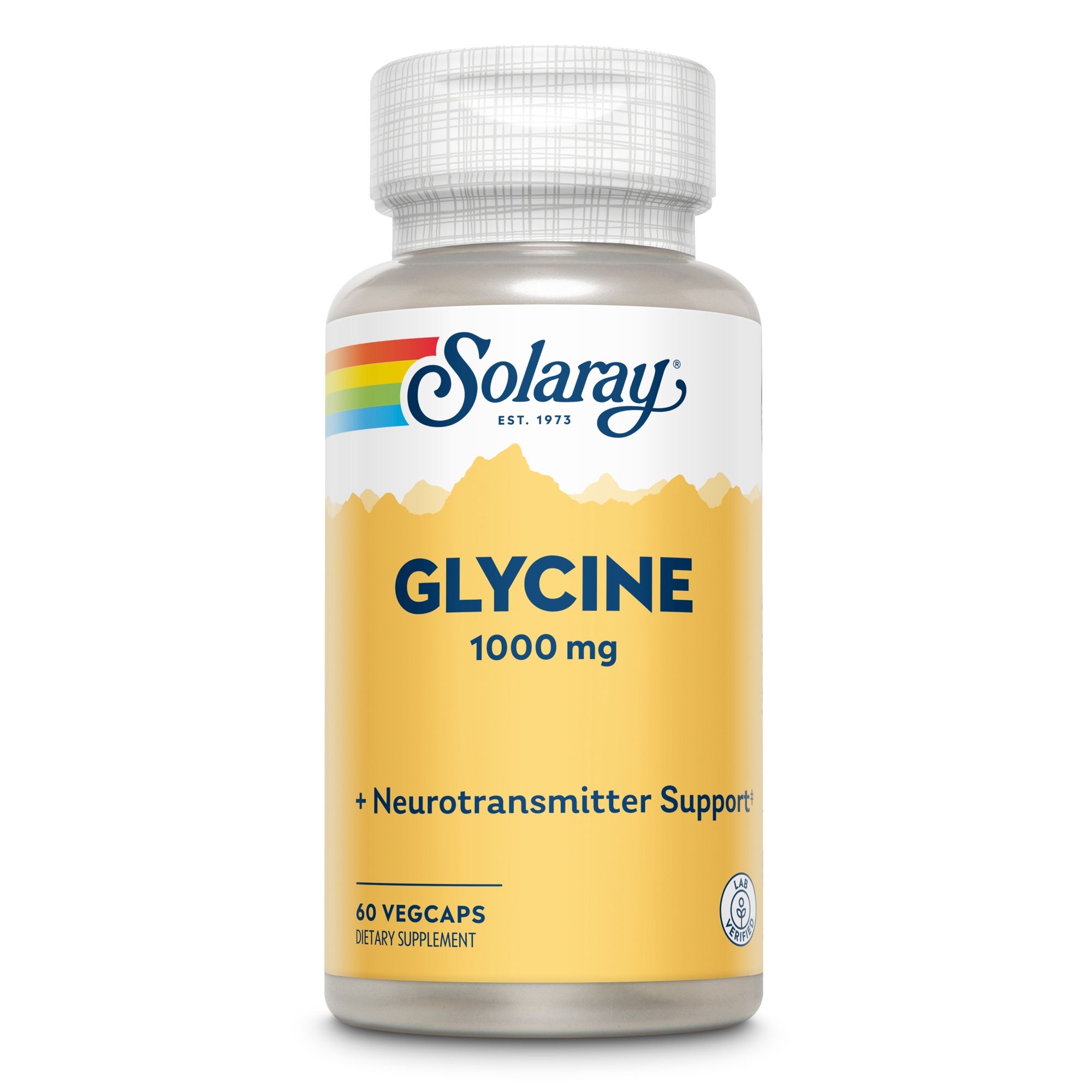 Solaray Glycin 1000 mg Flasche. Gelbe Kapseln, weißer Deckel. Text: 60 Vegcaps, + Neurotransmitter Support.