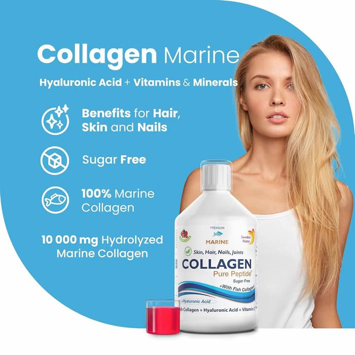 Flasche mit Collagen Marine. Enthält Hyaluronsäure, Vitamine und Mineralien. Vorteile für Haare, Haut und Nägel. Zuckerfrei. 100% Marine Collagen.