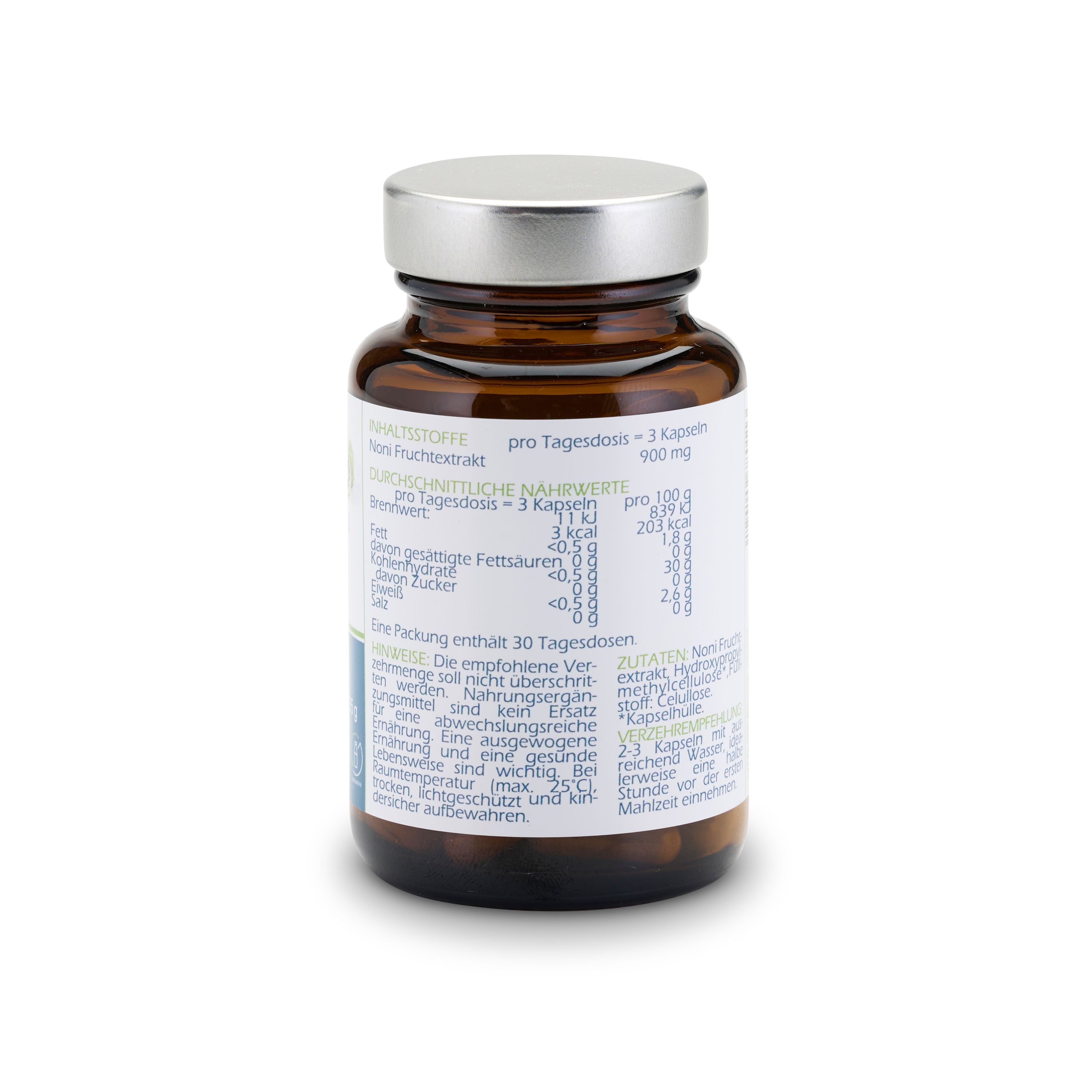 Rückseite einer braunen Glasflasche mit silbernem Deckel. Etikett mit Nährwertangaben und Inhaltsstoffen.