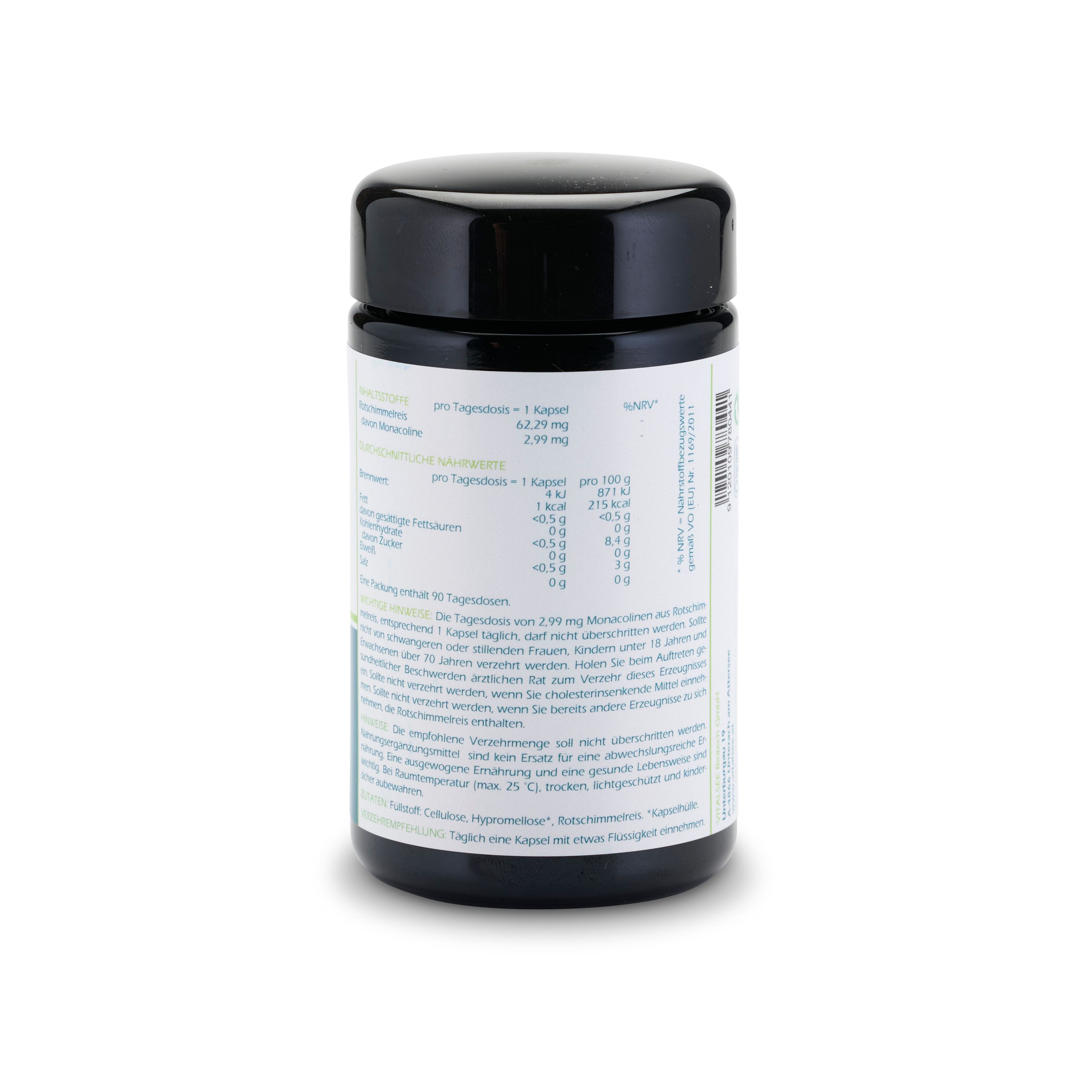 Rückansicht einer schwarzen Dose mit weißem Etikett. Text und Nährwertangaben. Grüne und blaue Akzente.