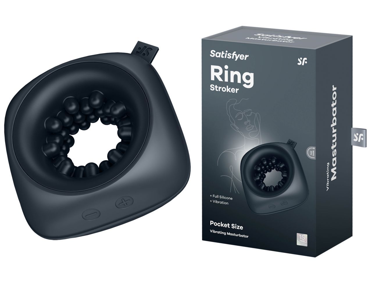Dunkelgraues Gerät neben Produktverpackung. Verpackung mit Produktbild und Text: Satisfyer Ring Stroker Masturbator.