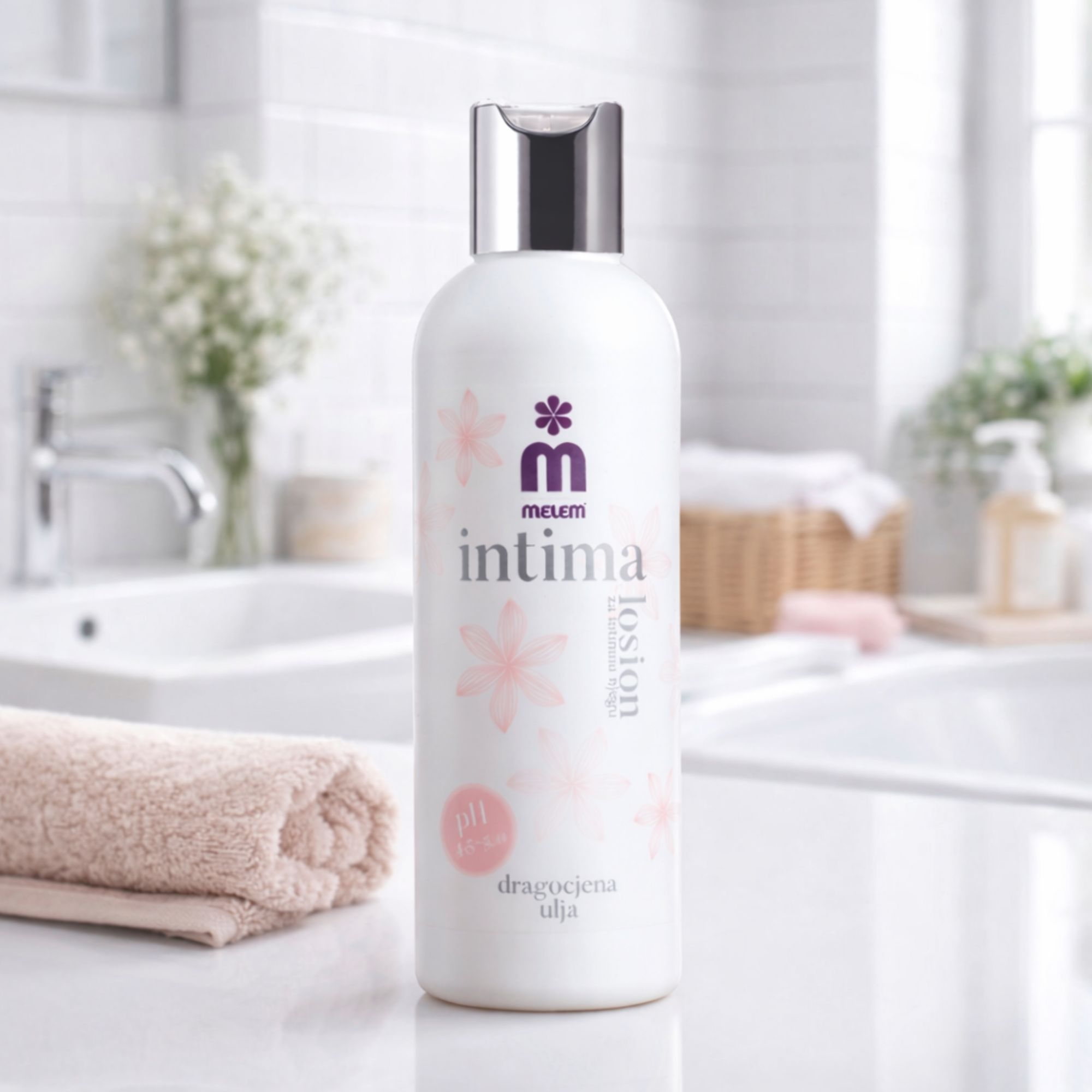 Weiße Flasche Intimpflege-Lotion auf einer Theke. Aufschrift: Intima, Melem, Lotion. Mit Handtuch und Waschbecken im Hintergrund.