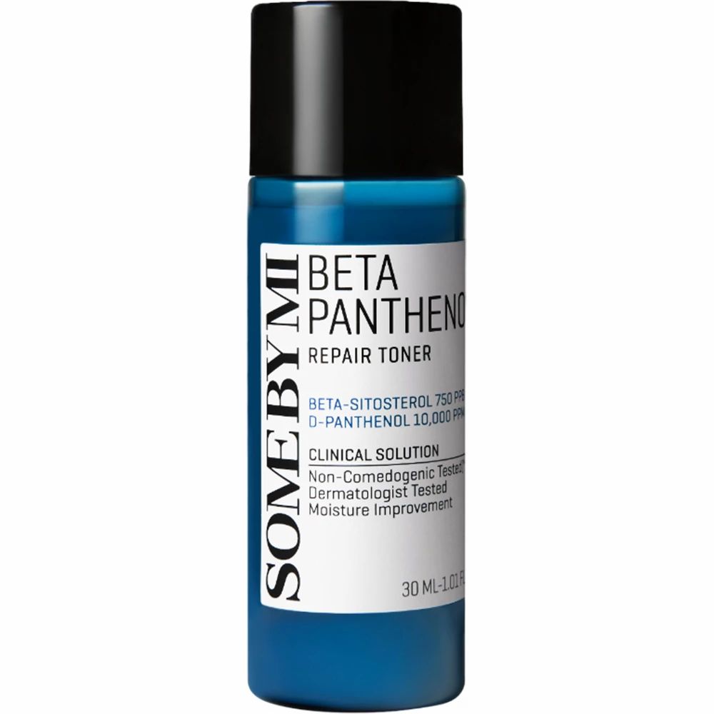 Blaue Flasche mit schwarzem Deckel. Aufschrift: Beta Panthenol Repair Toner, SOME BY MI. Enthält Beta-Sitosterol und D-Panthenol.