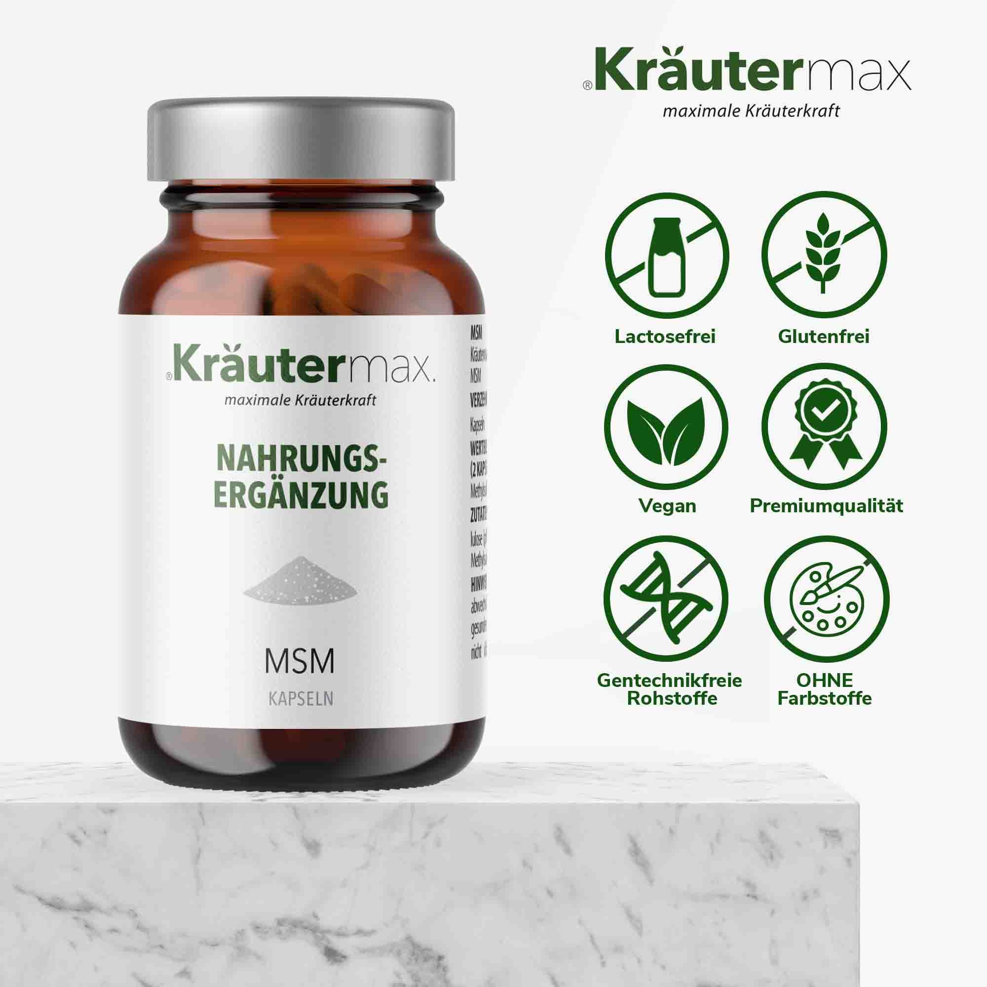 Braune Glasflasche mit weißen Kapseln. Aufschrift: Kräutermax, Nahrungsergänzung, MSM Kapseln. Logos: laktosefrei, glutenfrei, vegan, Premiumqualität.