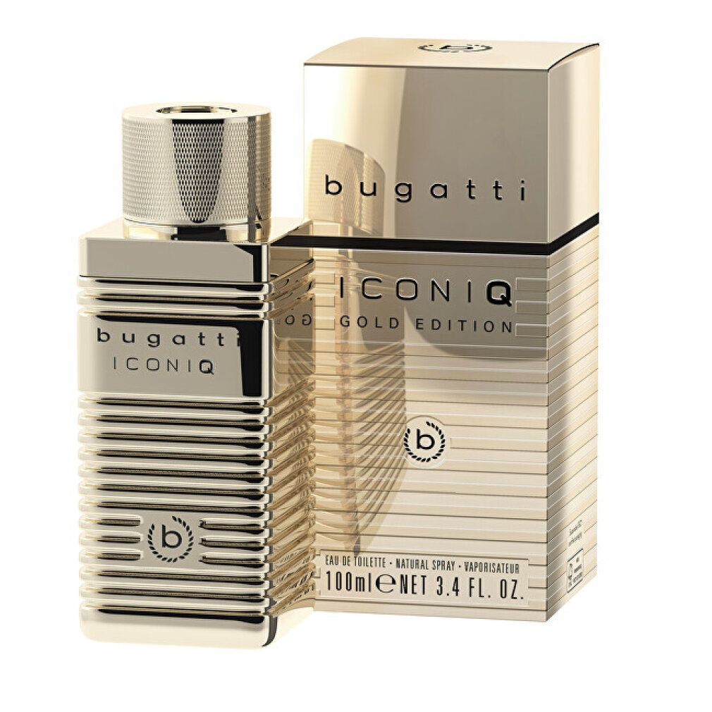 Goldfarbener Flakon und Verpackung. Aufschrift: bugatti ICONIQ Gold Edition. Flakon mit geriffelter Oberfläche und Deckel.