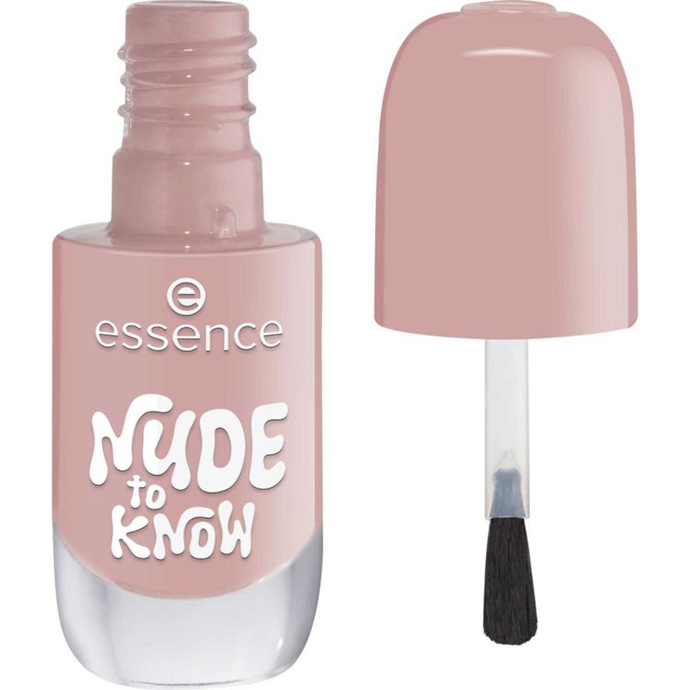 Nagellackflasche, rosa Farbton, geöffnet. Der Deckel ist abgenommen und zeigt den Pinsel. Auf der Flasche steht "essence" und "NUDE to KNOW".