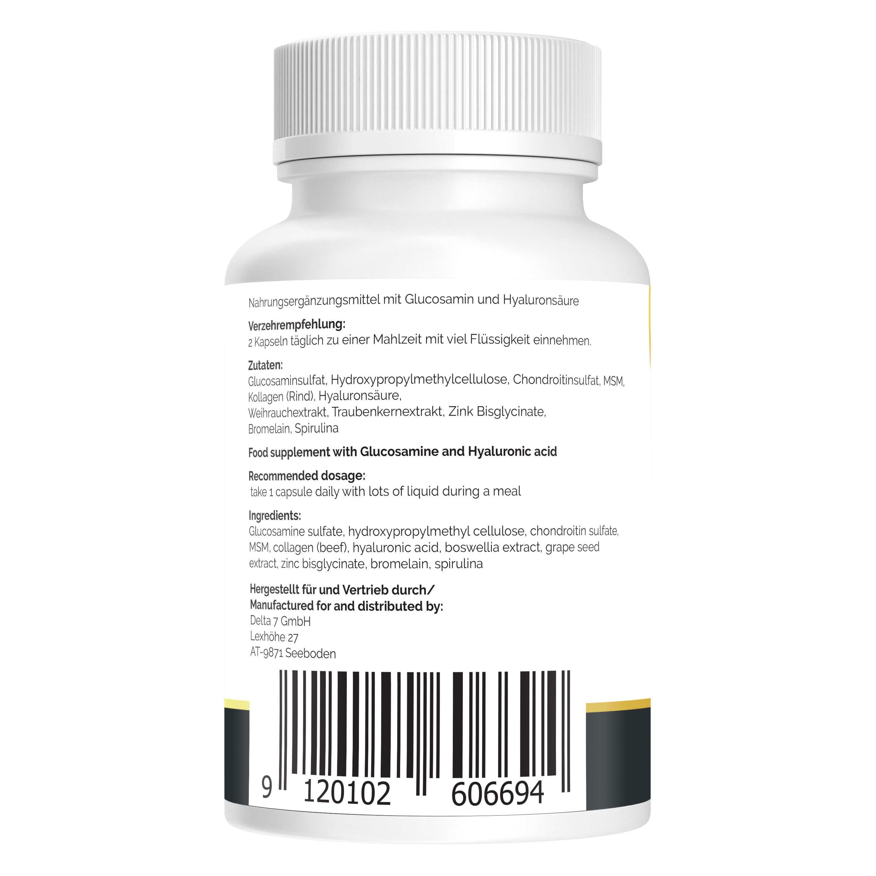 Rückseite einer weißen Flasche. Text mit Inhaltsstoffen und Verzehrempfehlung. Barcode und Herstellerinformationen.