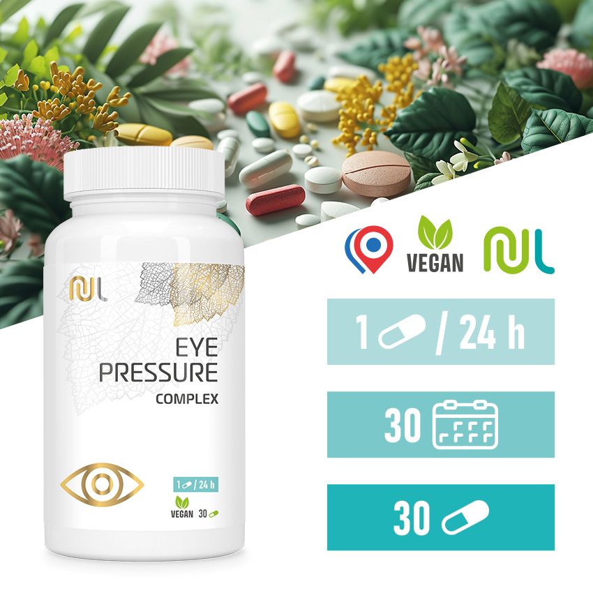 Weiße Flasche mit "Eye Pressure Complex". Vegan, 30 Kapseln. Zusätzliche Informationen.