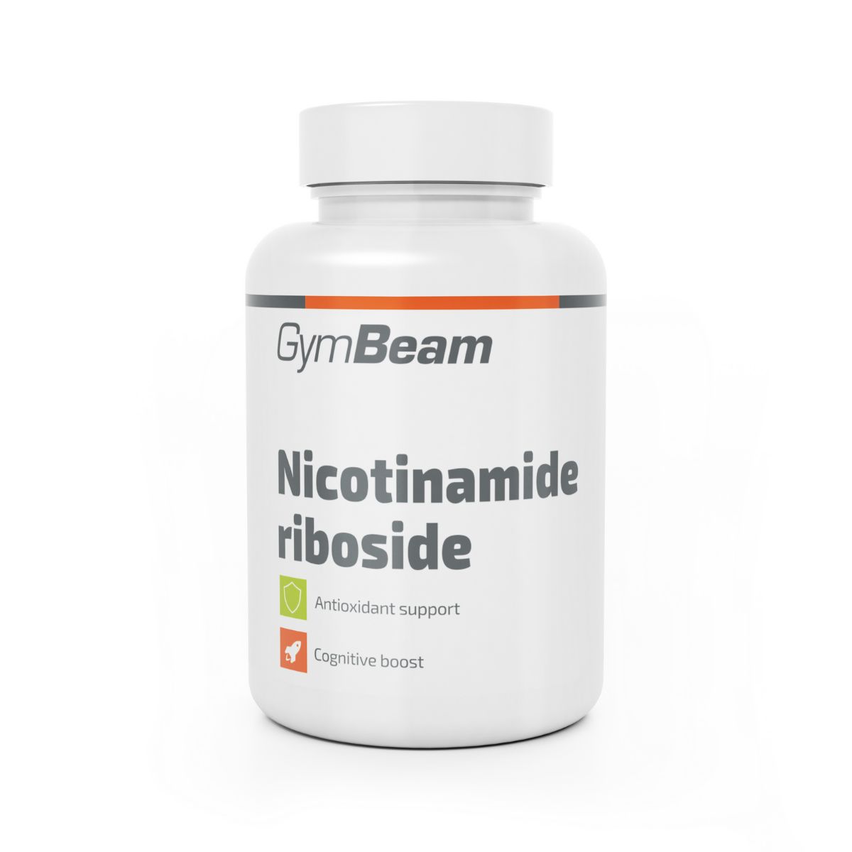 Weiße Flasche mit GymBeam Logo und der Aufschrift Nicotinamide Riboside, Antioxidant support, Cognitive boost.