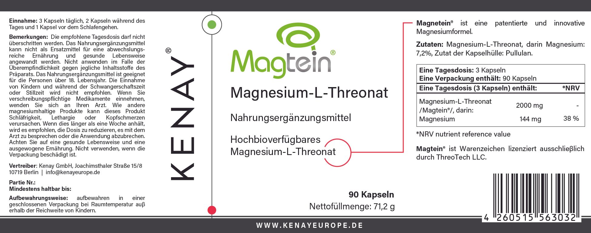 Etikett mit Produktinformationen. Enthält den Namen Magtein, Magnesium-L-Threonat, Nahrungsergänzungsmittel und die Marke KENAY. 90 Kapseln.