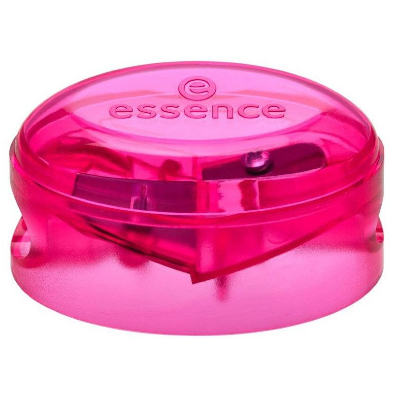 Essence Kosmetik-Anspitzer in leuchtendem Pink, oval, mit integriertem Behälter und zwei Klingen.