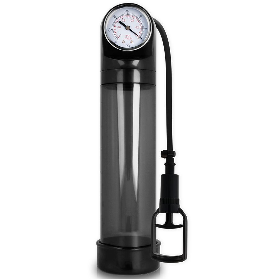 Transparente Pumpe mit Manometer und schwarzem Zylinder. Schwarzer Schlauch und Griff. Produktname nicht sichtbar.