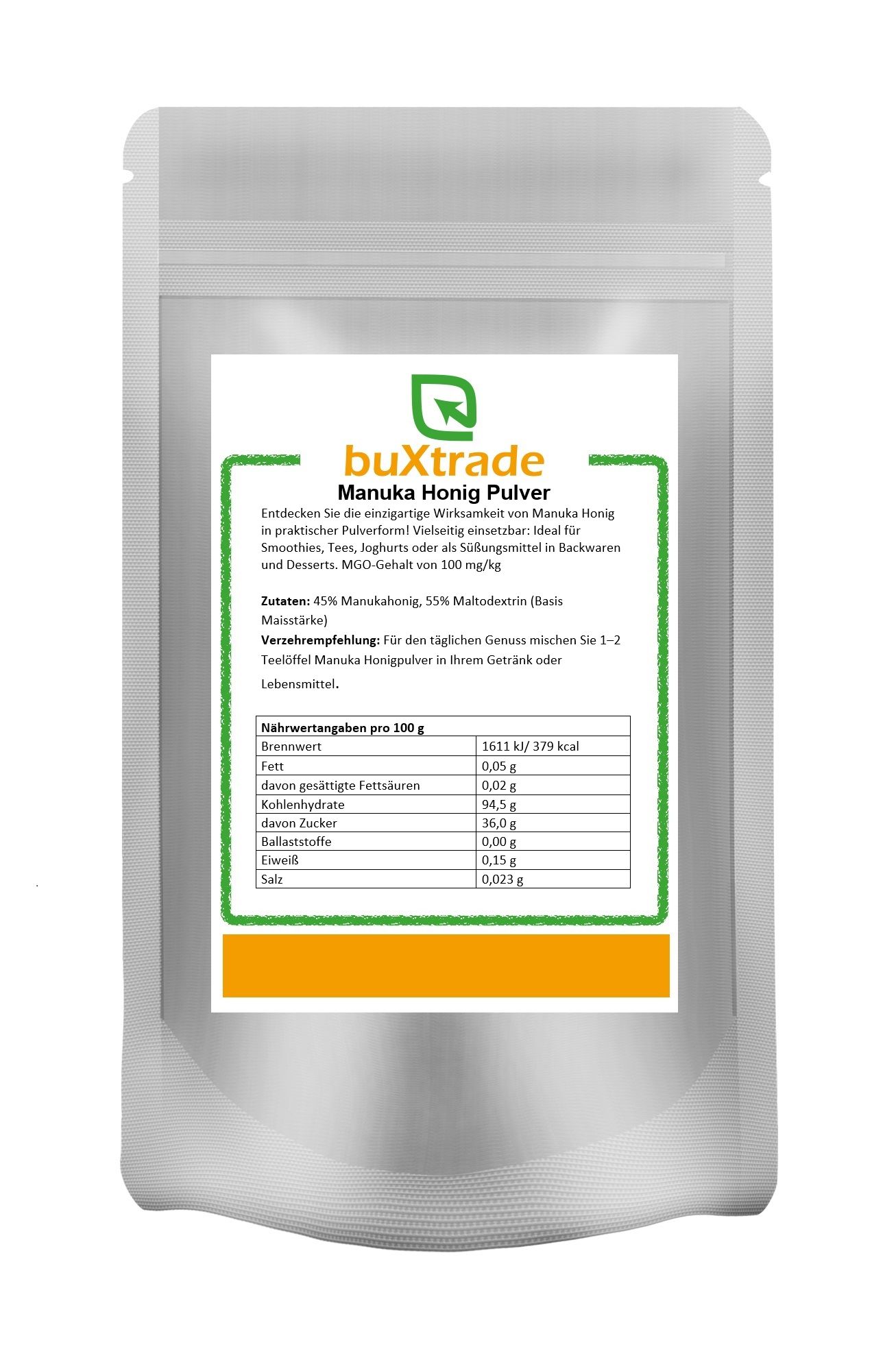 Beutel mit buXtrade Manuka Honigpulver. Weißer Beutel mit Etikett. Text: Manuka Honigpulver, Nährwertangaben.