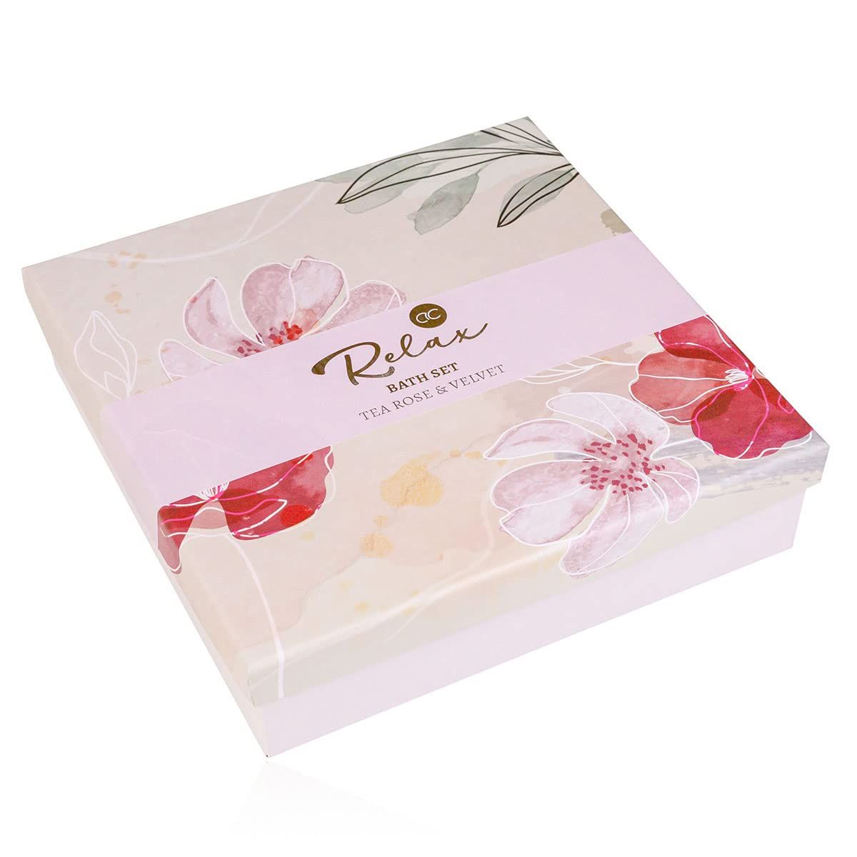 Geschlossene Geschenkbox mit floralem Muster und Schriftzug 'Relax'. Rosa Band mit Produktbezeichnung. Eckige Form.