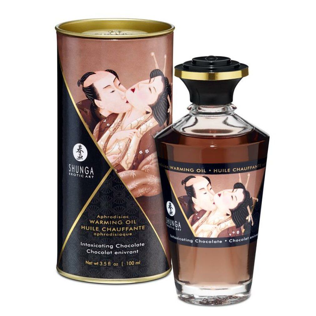 Braune Glasflasche und Dose mit Etiketten. Aufschrift: Shunga, Warming Oil, Intoxicating Chocolate. Abbildung: küssendes Paar.