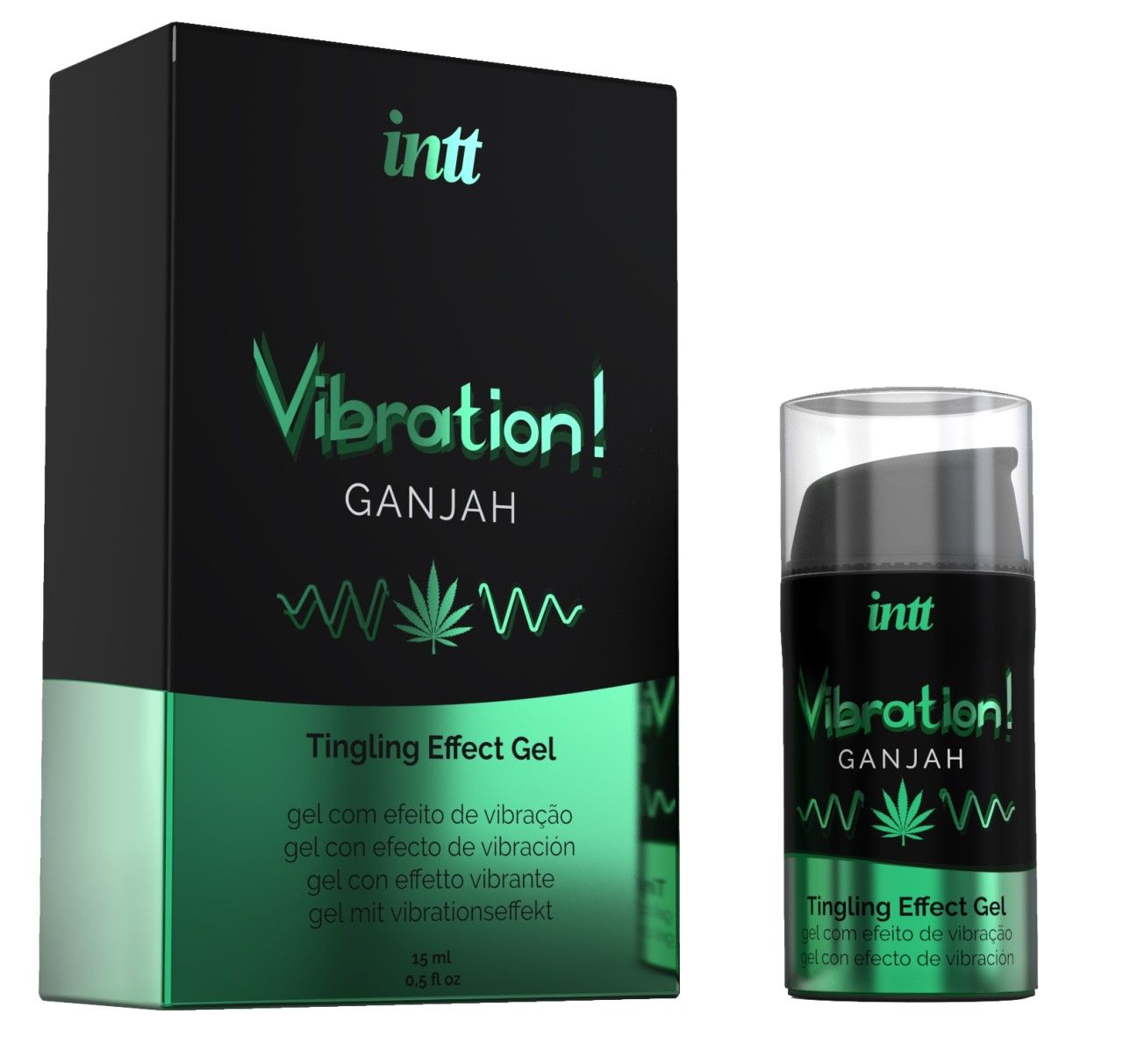 Schwarze Schachtel und Flasche. Text: INTT, Vibration!, Ganjah, Tingling Effect Gel. Flasche mit transparentem Deckel.