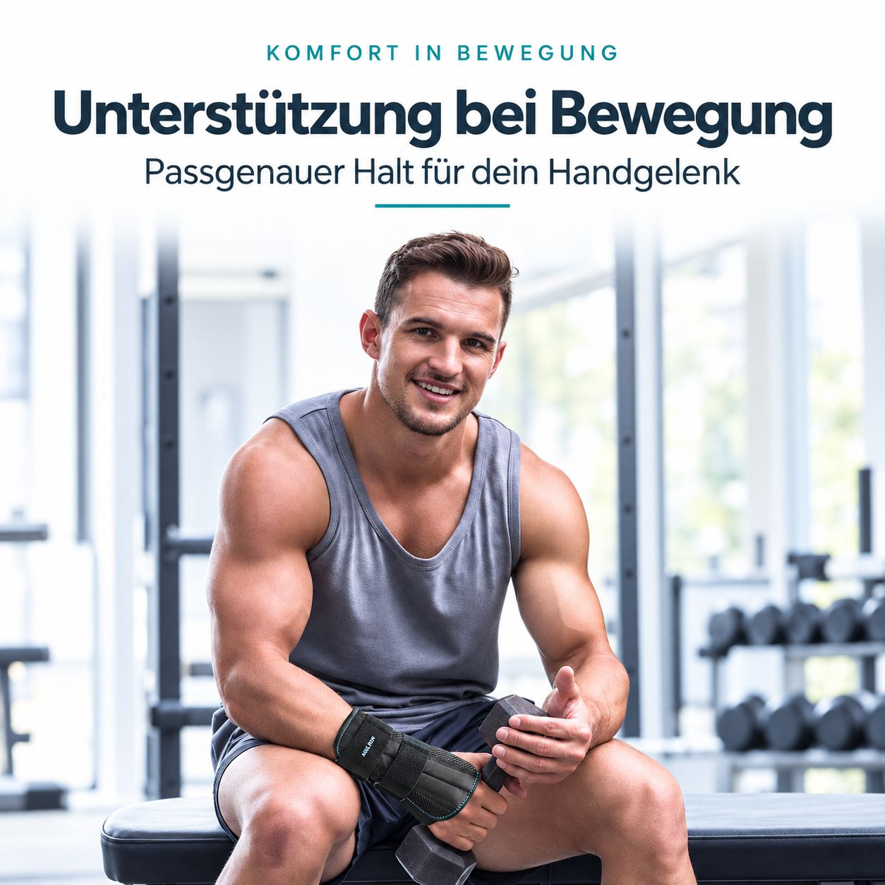 Mann mit Handgelenkbandage im Fitnessstudio. Bietet Unterstützung bei Bewegung.