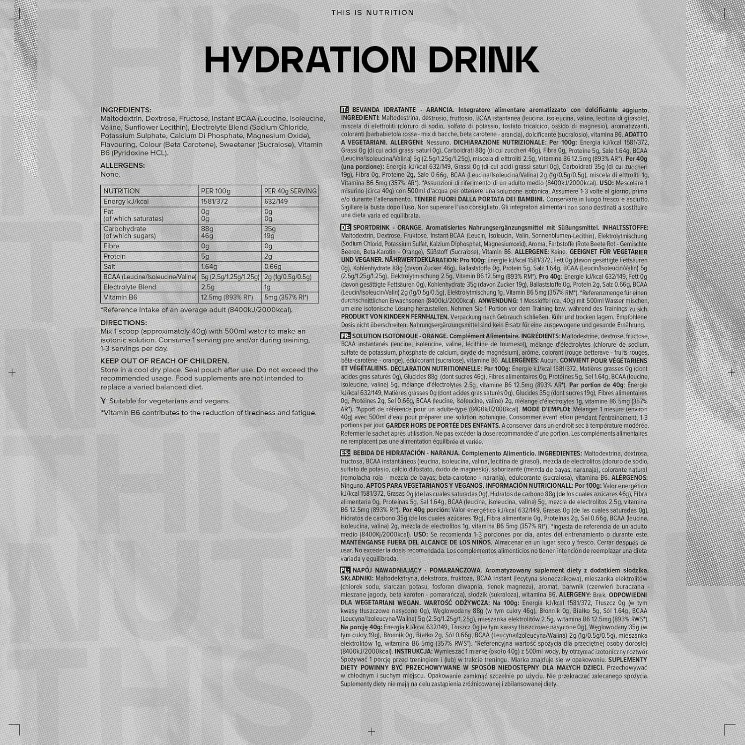 Rückseite einer Hydrationsgetränk-Verpackung mit Nährwertangaben und Zutaten.