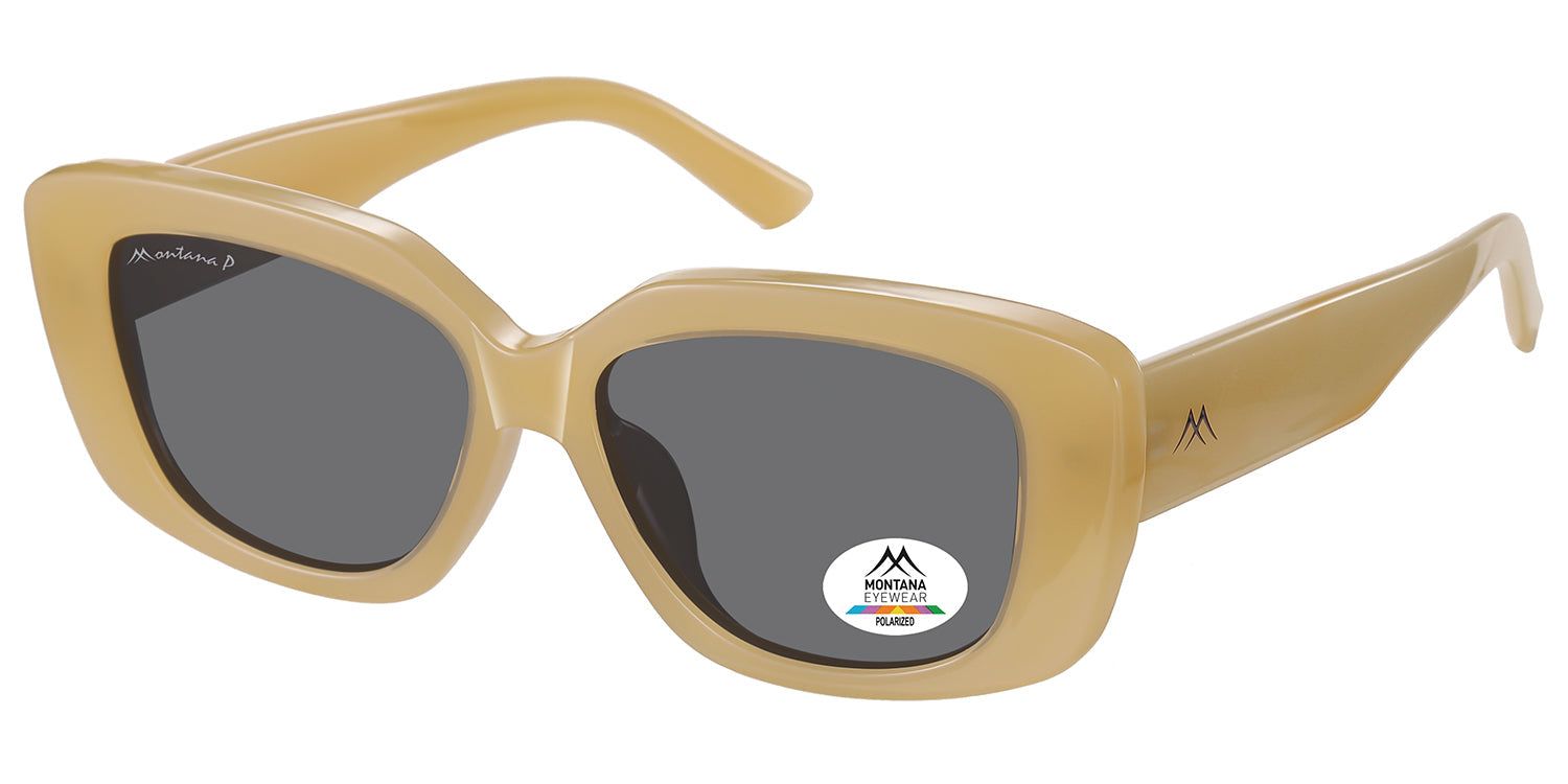 Sonnenbrille mit beigem Rahmen und grauen Gläsern. Das Montana Eyewear Logo ist auf dem linken Bügel und einem Glas zu sehen. Ein Polarized-Aufkleber ist ebenfalls vorhanden.