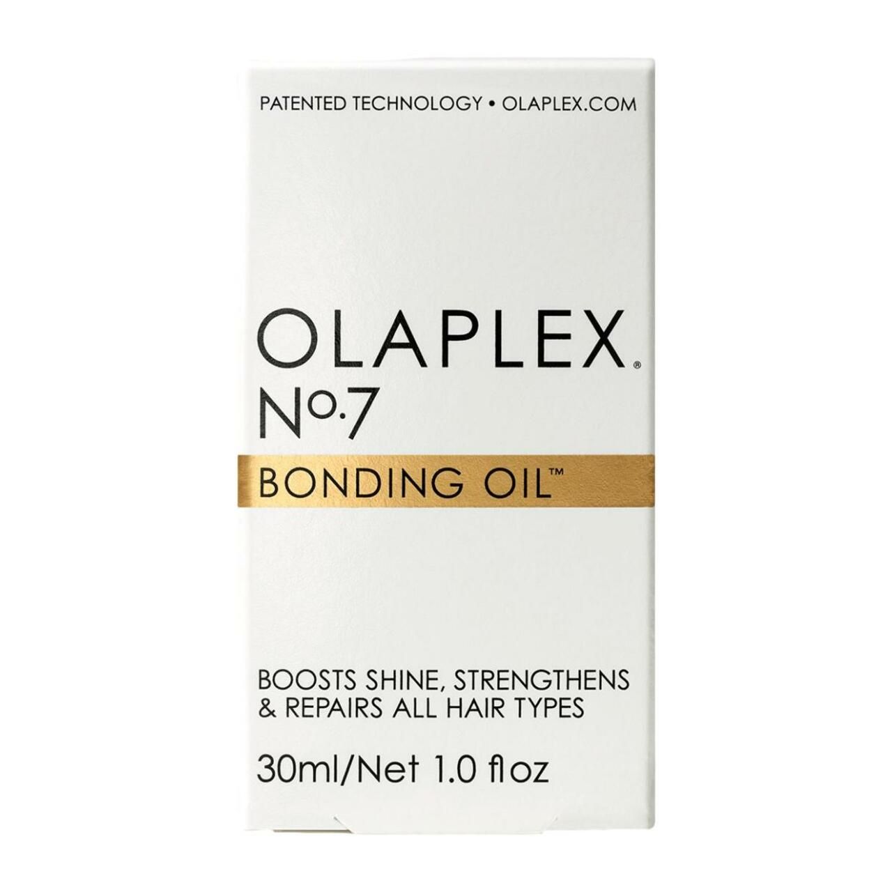 Weiße Verpackung mit Produktnamen und Text. Enthält Olaplex No.7 Bonding Oil. 30ml/1.0 fl oz.