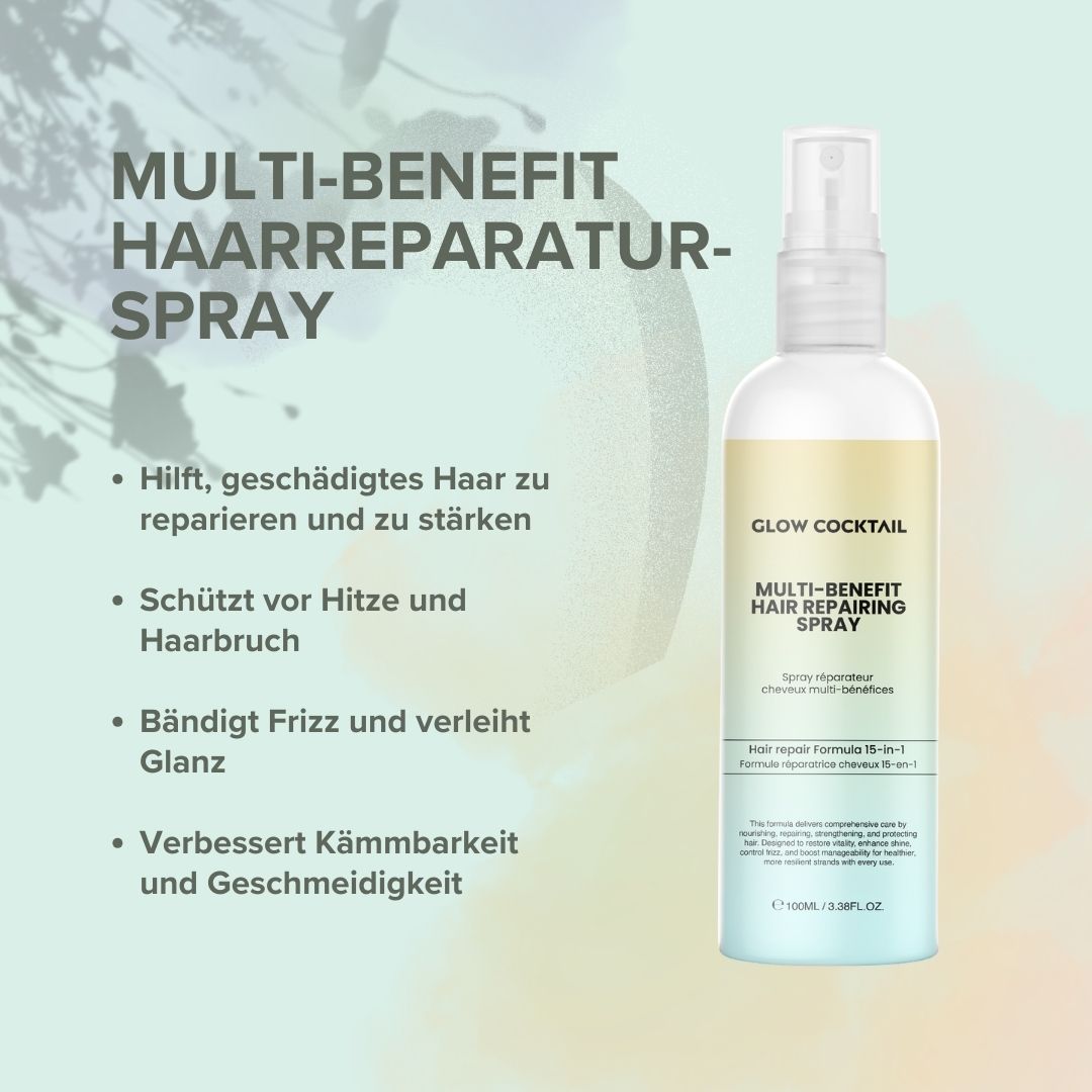 Haarspray-Flasche mit Produktetikett. Text auf einem Hintergrund mit Kreisen. Produktname und Vorteile.