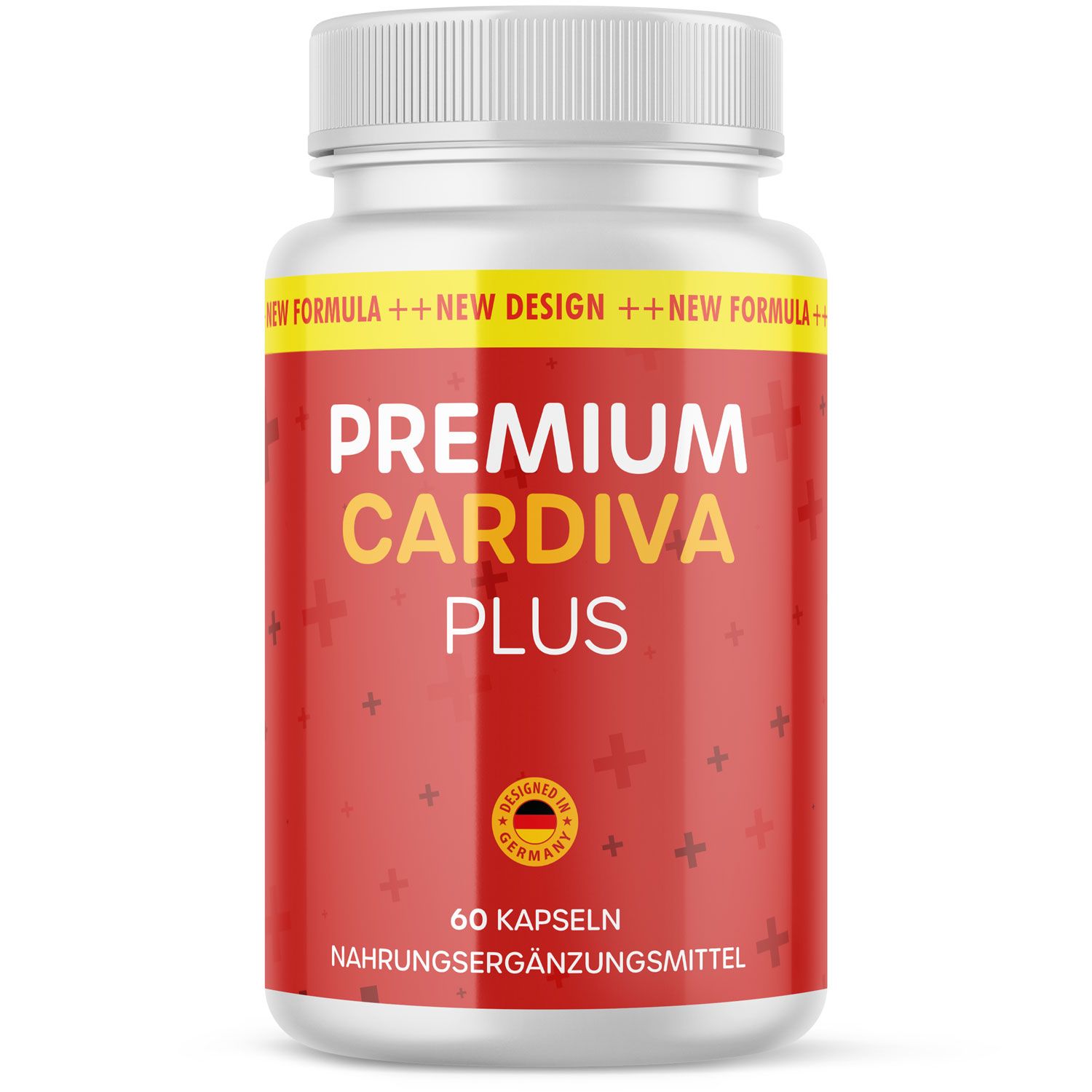 Weiße Flasche mit rotem Etikett. Aufschrift: PREMIUM CARDIVA PLUS, 60 Kapseln. Hergestellt in Deutschland.