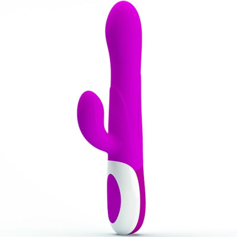 Lila Vibrator mit zwei Ohren und weißem Akzent am Griff.