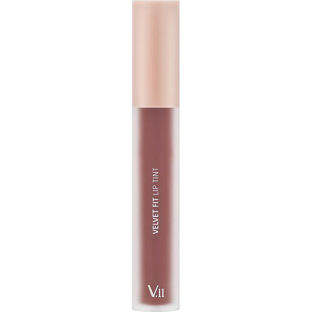Lippentönung in einer transparenten Tube mit rosafarbenem Deckel. Aufschrift: VELVET FIT LIP TINT. V.11 Logo.