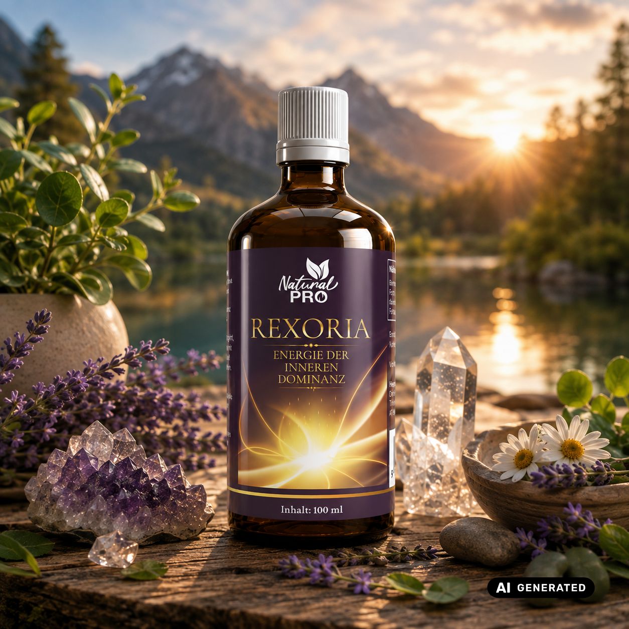 Rexoria Balance Essenz Flasche auf einem Holztisch mit Berg- und See-Kulisse.