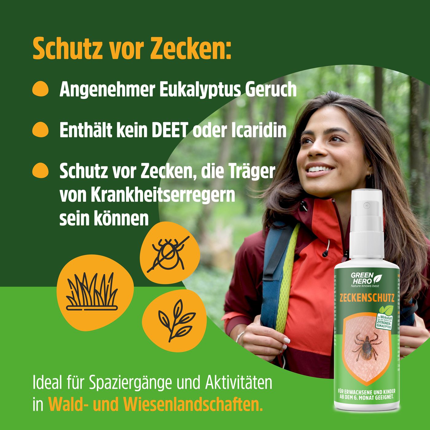 Frau im Wald. Flasche mit Sprühkopf. Text: Zeckenschutz. Text: Angenehmer Eukalyptus Geruch. Enthält kein DEET oder Icaridin. Schutz vor Zecken.