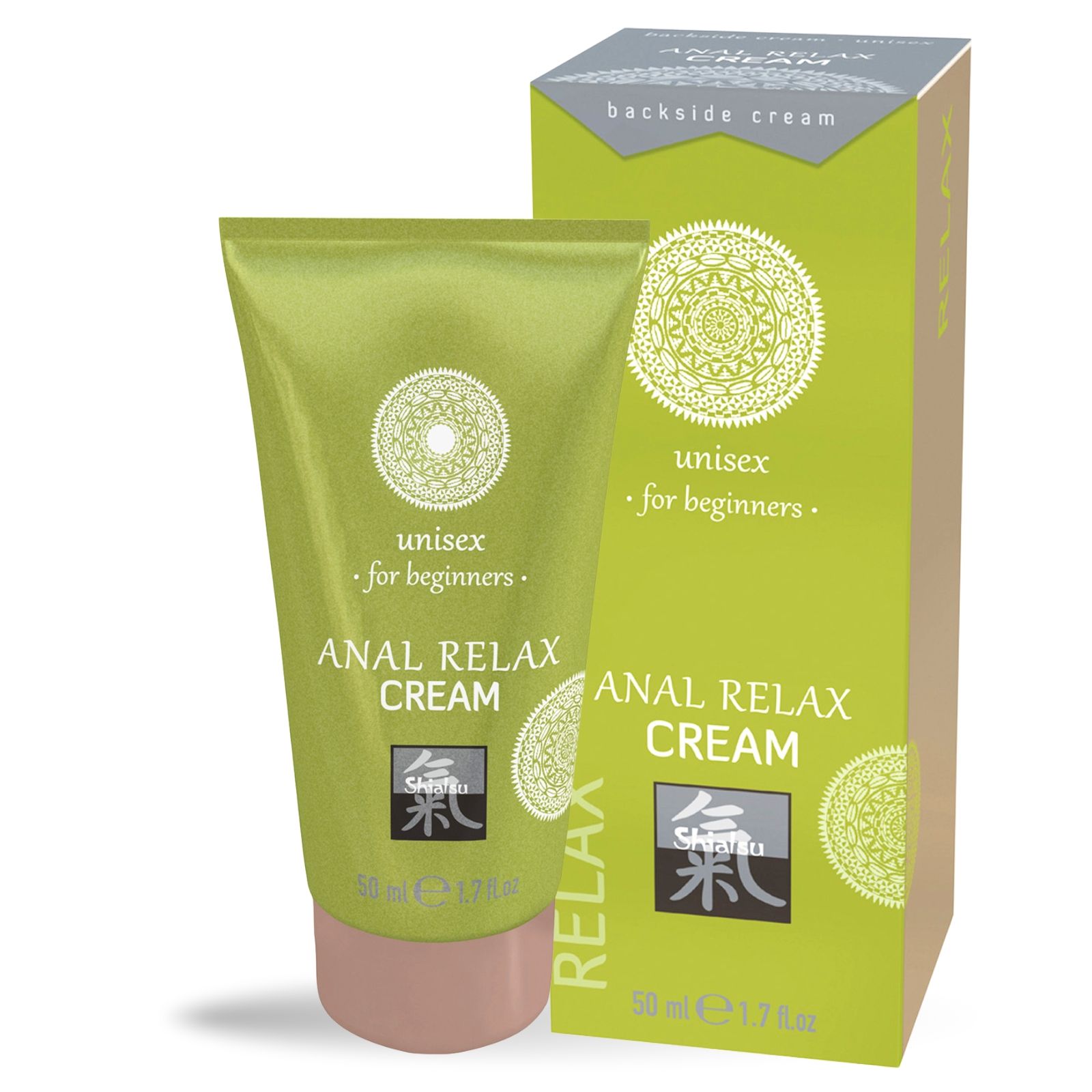 Grüne Tube und Schachtel. Text: ANAL RELAX CREAM, unisex for beginners. Logo. Rosa Kappe. 50 ml.