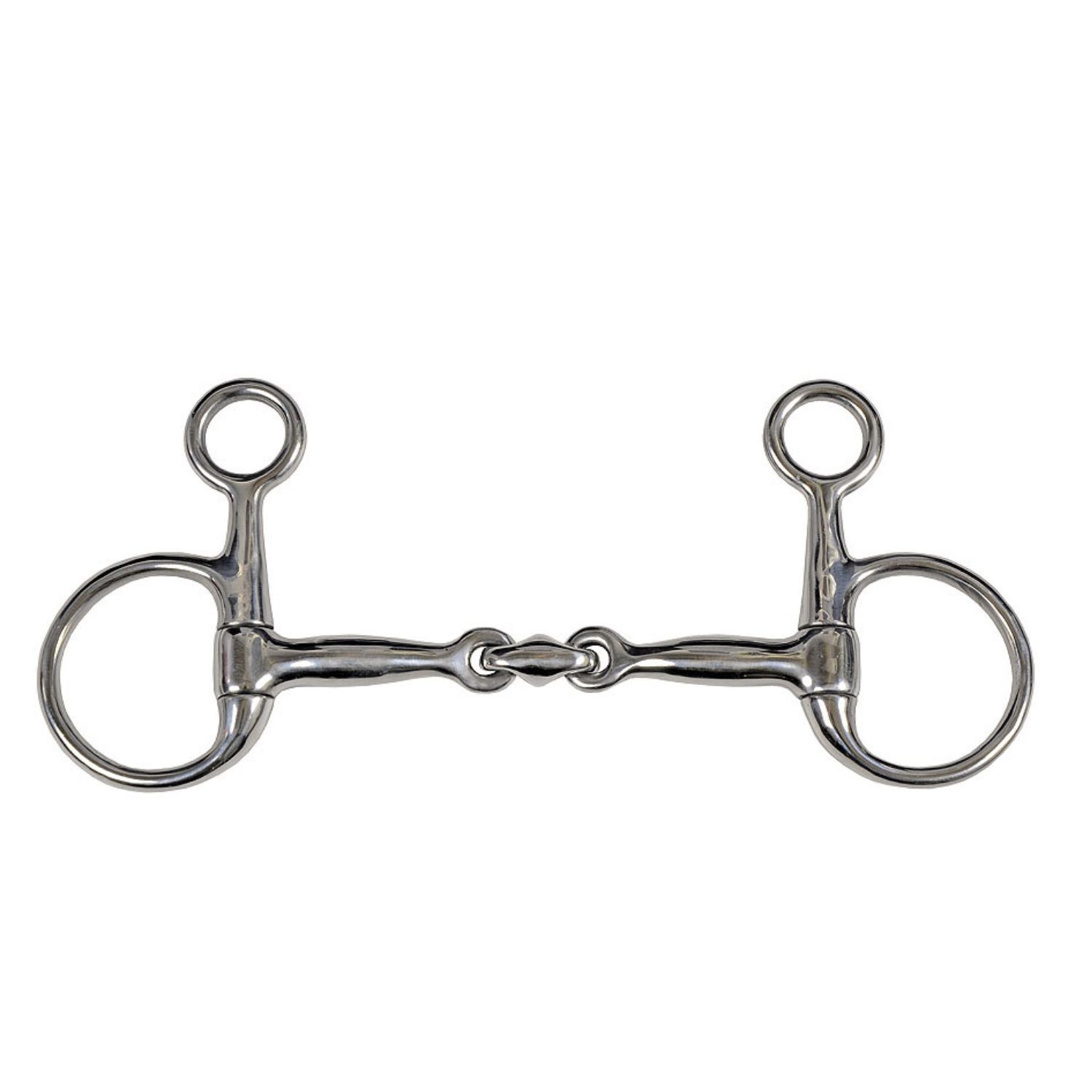 Bauchergebiss aus Metall. Zwei Ringe, verbunden durch ein Mundstück und Seitenteile.