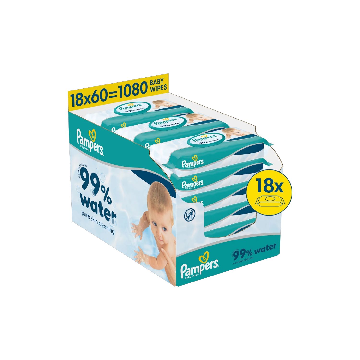 Pampers Babyfeuchttücher-Displaybox mit 18x60=1080 Tüchern, 99% Wasser.