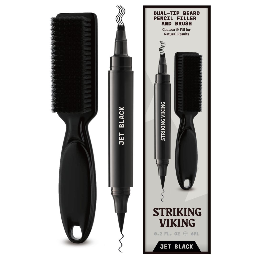 Doppelspitzenstift und Bürste. Schwarzer Stift mit Bürste. Aufschrift: JET BLACK, STRIKING VIKING. Verpackung mit Produktabbildung.