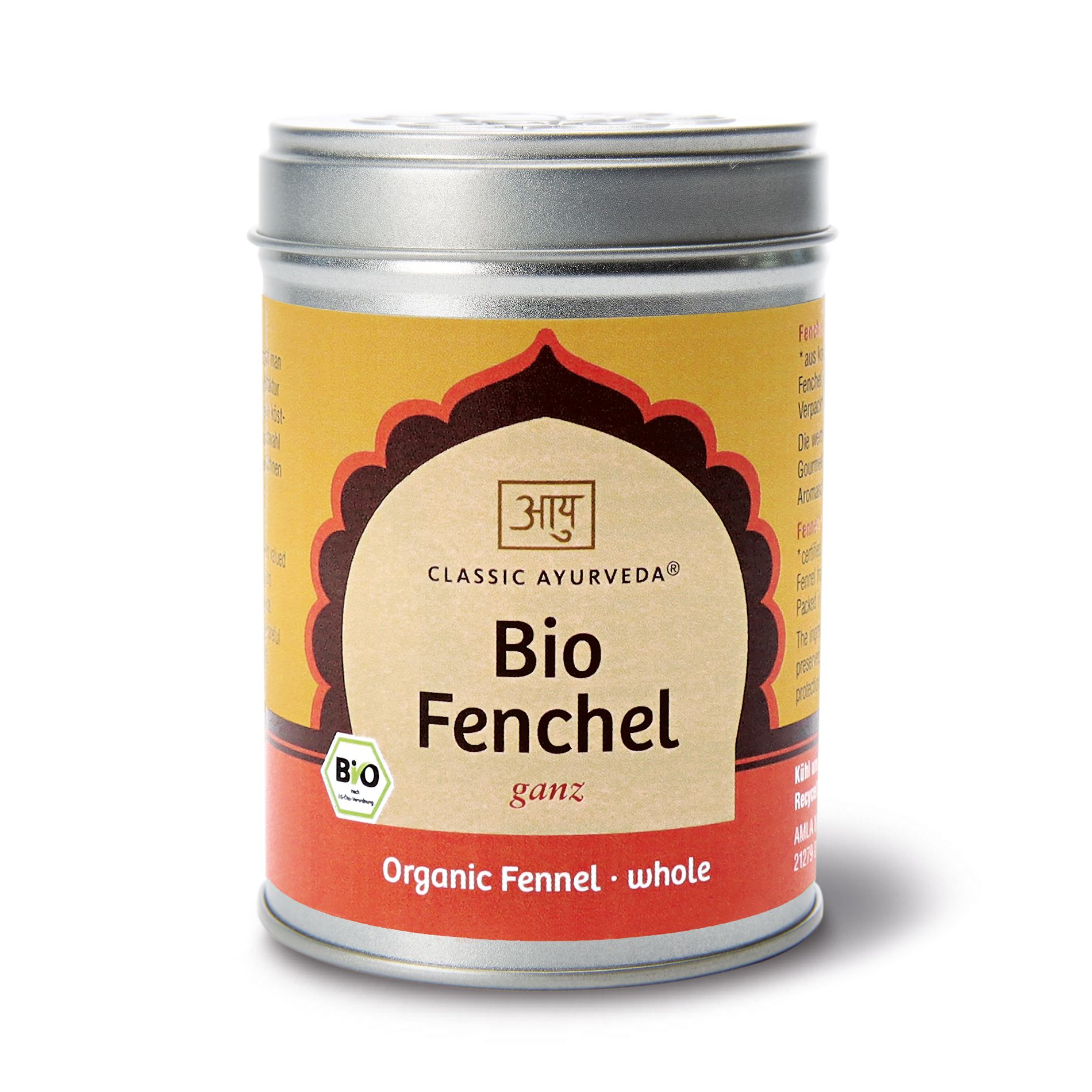 Zylindrische Dose mit Etikett. Aufschrift: Bio Fenchel, Classic Ayurveda. Siegel: Bio.