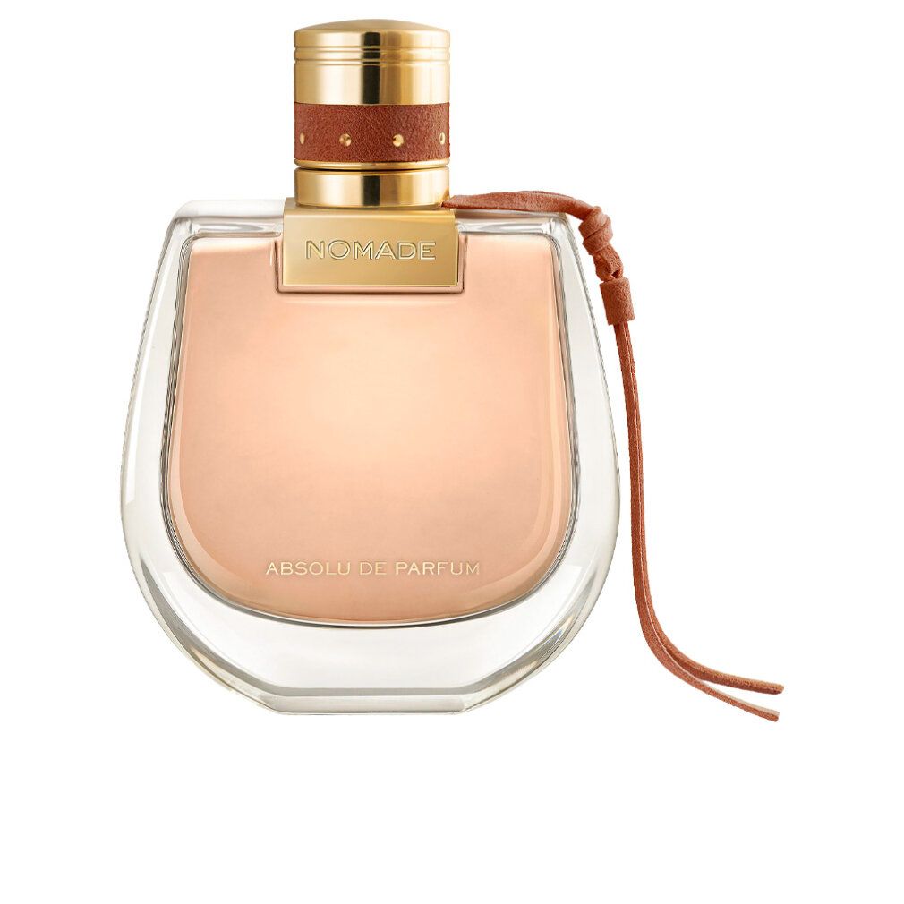Parfümflakon mit goldfarbenem Deckel, braunem Lederband. Aufschrift 'Nomade Absolu de Parfum'. Transparenter Flakon.