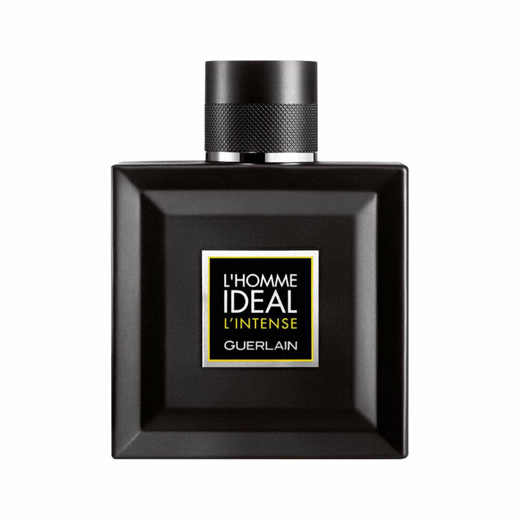 Schwarzer Flakon mit quadratischer Form. Aufschrift: L'Homme Idéal L'Intense, Guerlain. Schwarzer Deckel.