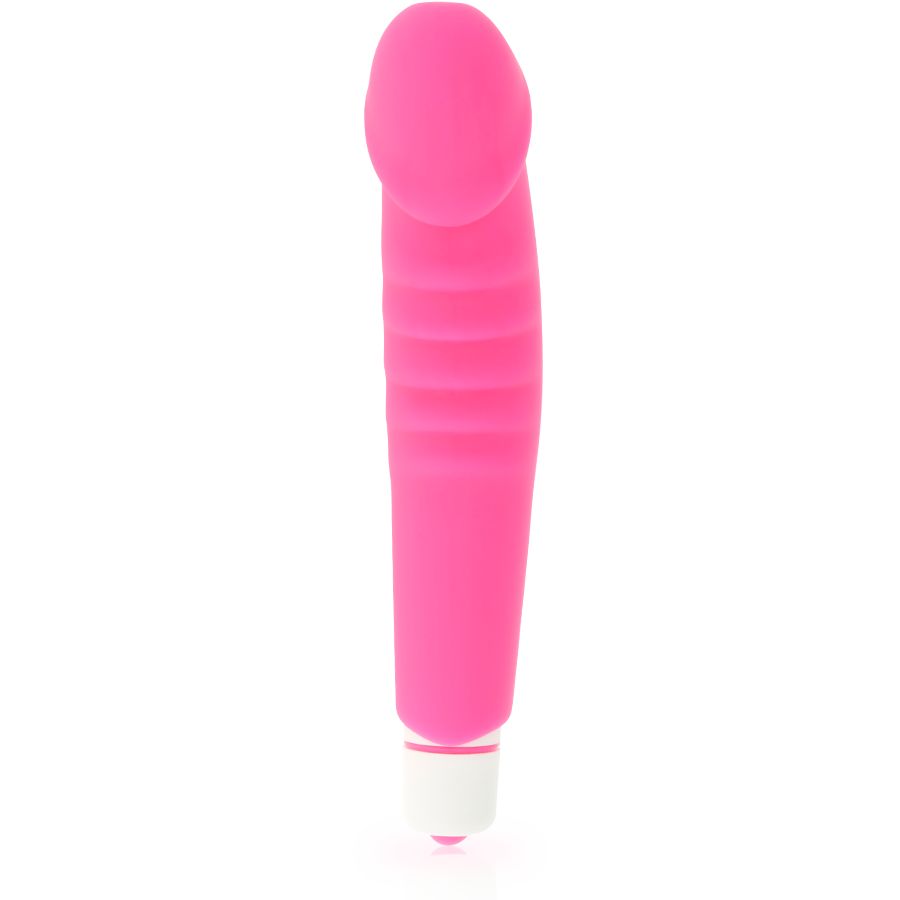 Rosa Silikon-Vibrator mit geriffelter Oberfläche und abgerundeter Spitze. Weißer Sockel.