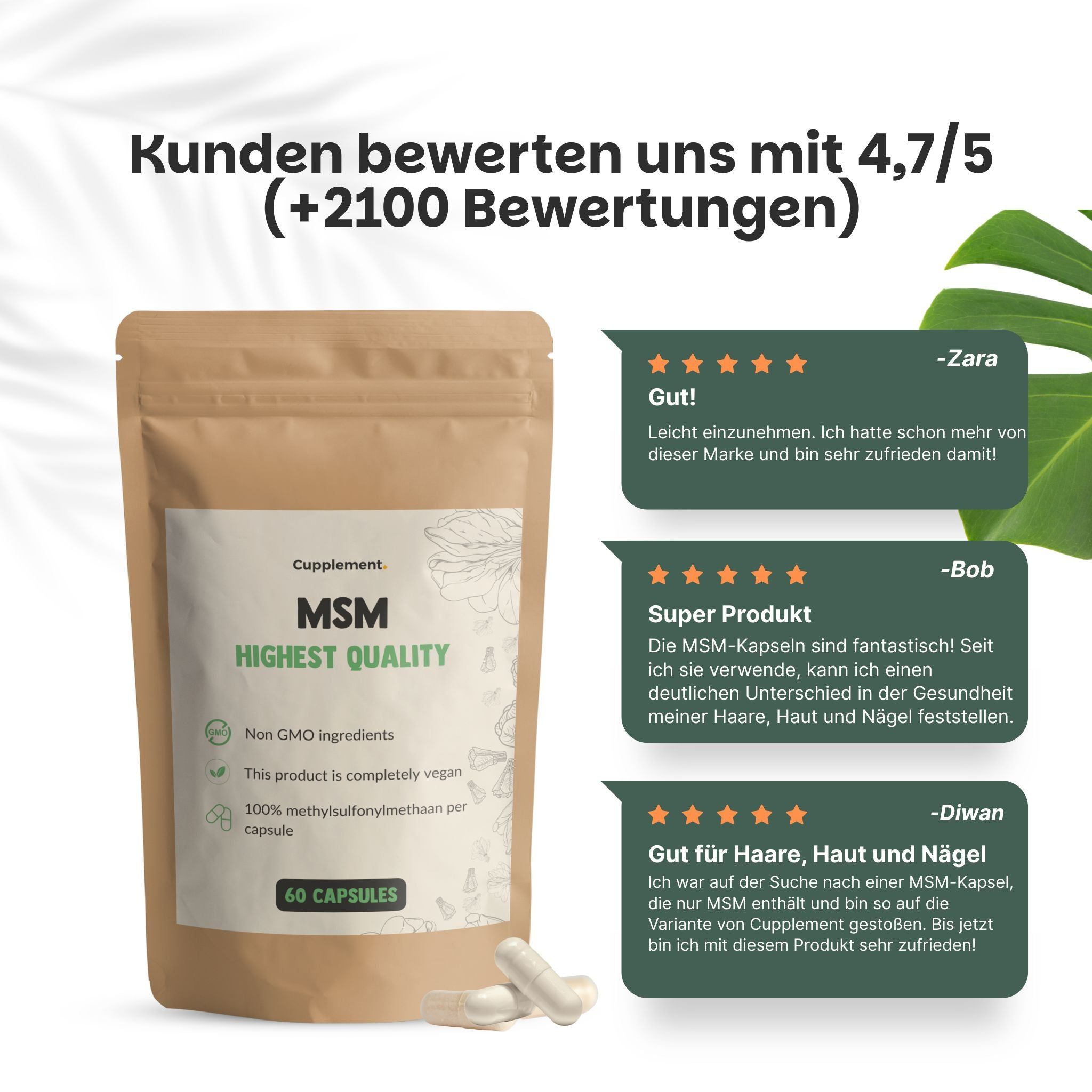 Beutel mit MSM-Kapseln. Text: Cupplement, MSM, Highest Quality, 60 Kapseln. Kundenbewertungen. Zwei Kapseln daneben.