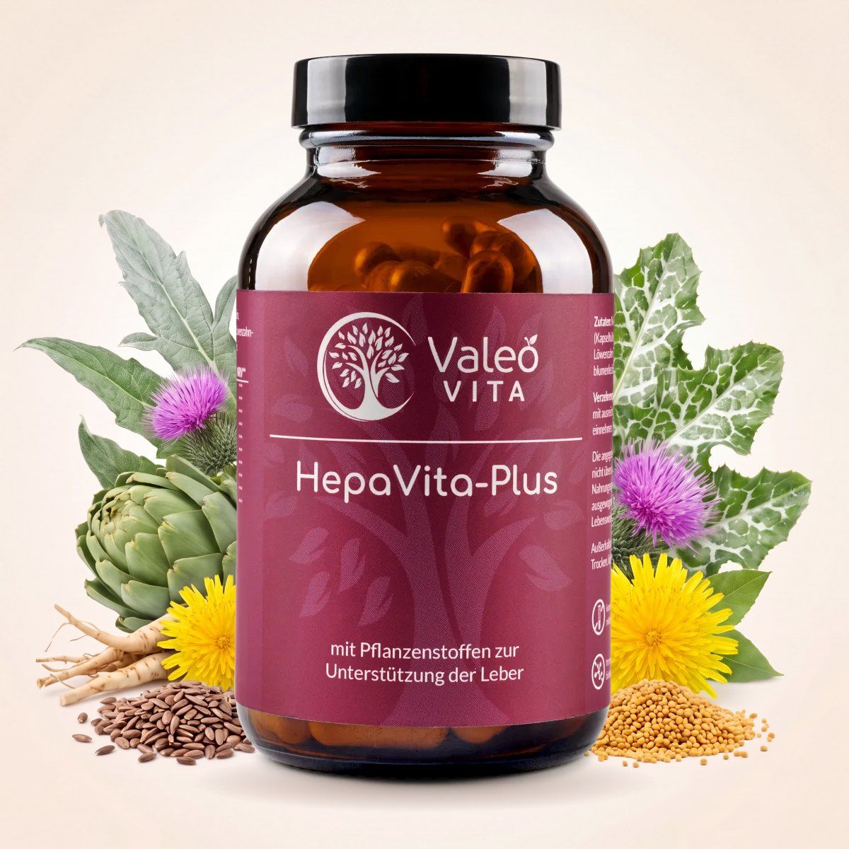 Flasche Valeo Vita HepaVita-Plus umgeben von Mariendistel, Artischocke, Löwenzahnwurzel und Leinsamen.
