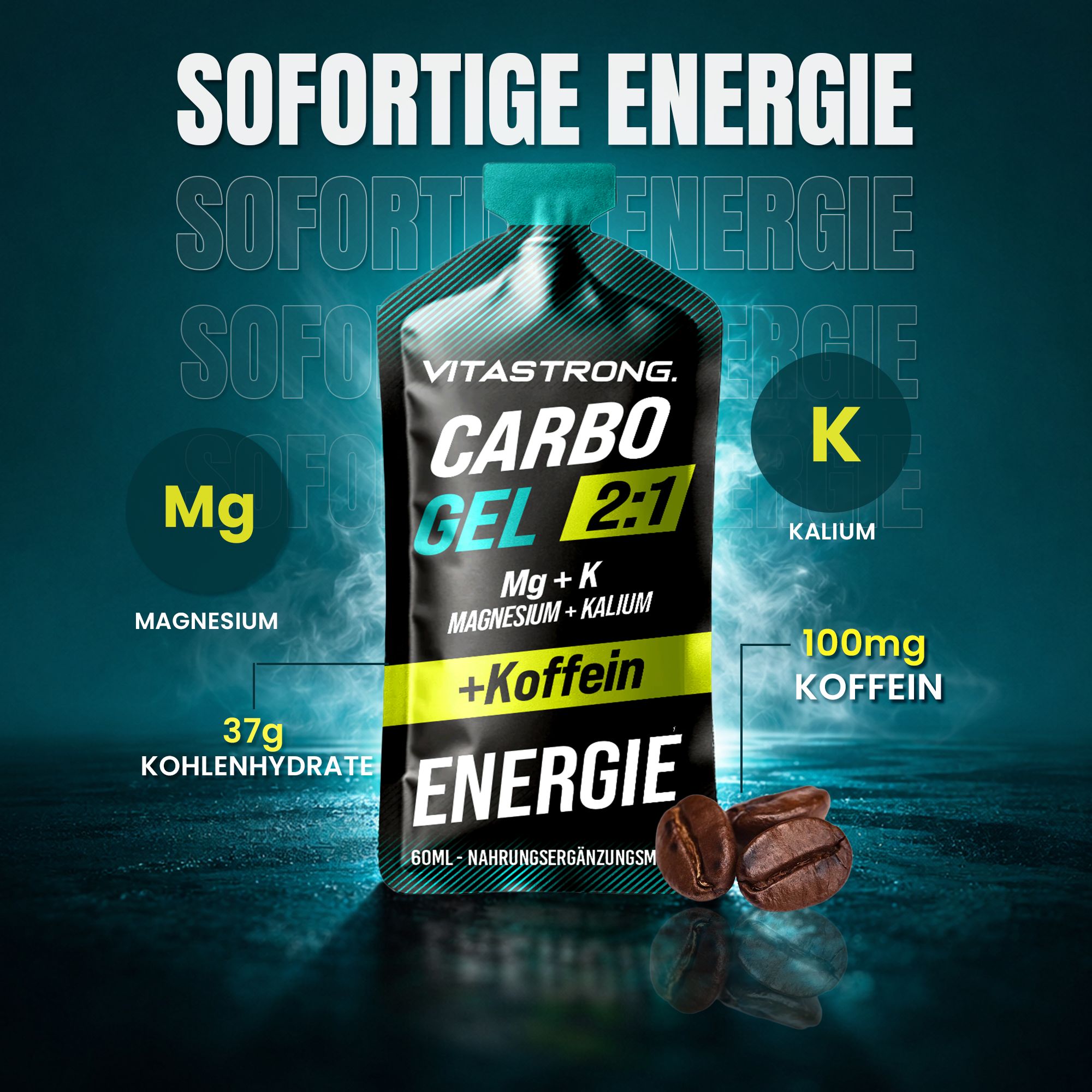 Vitastrong Carbo Gel 2:1 + Koffein. Gel-Packung. Text: Carbo Gel 2:1, Mg + K, Magnesium + Kalium + Koffein, Energie. Kaffeebohnen.