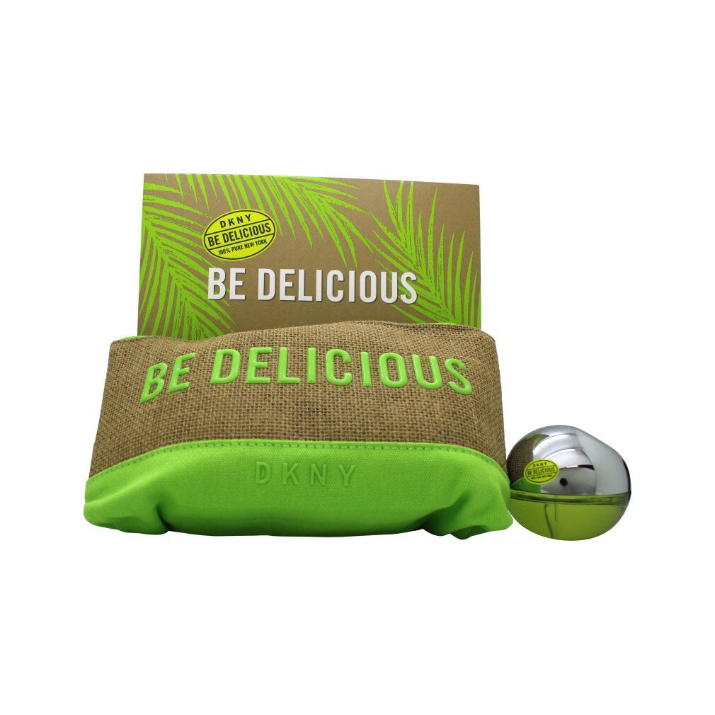 Geschenkset mit Parfümflakon, Kosmetiktasche und Verpackung. Aufschrift "BE DELICIOUS" und "DKNY". Flakon und Tasche grün. Verpackung braun.
