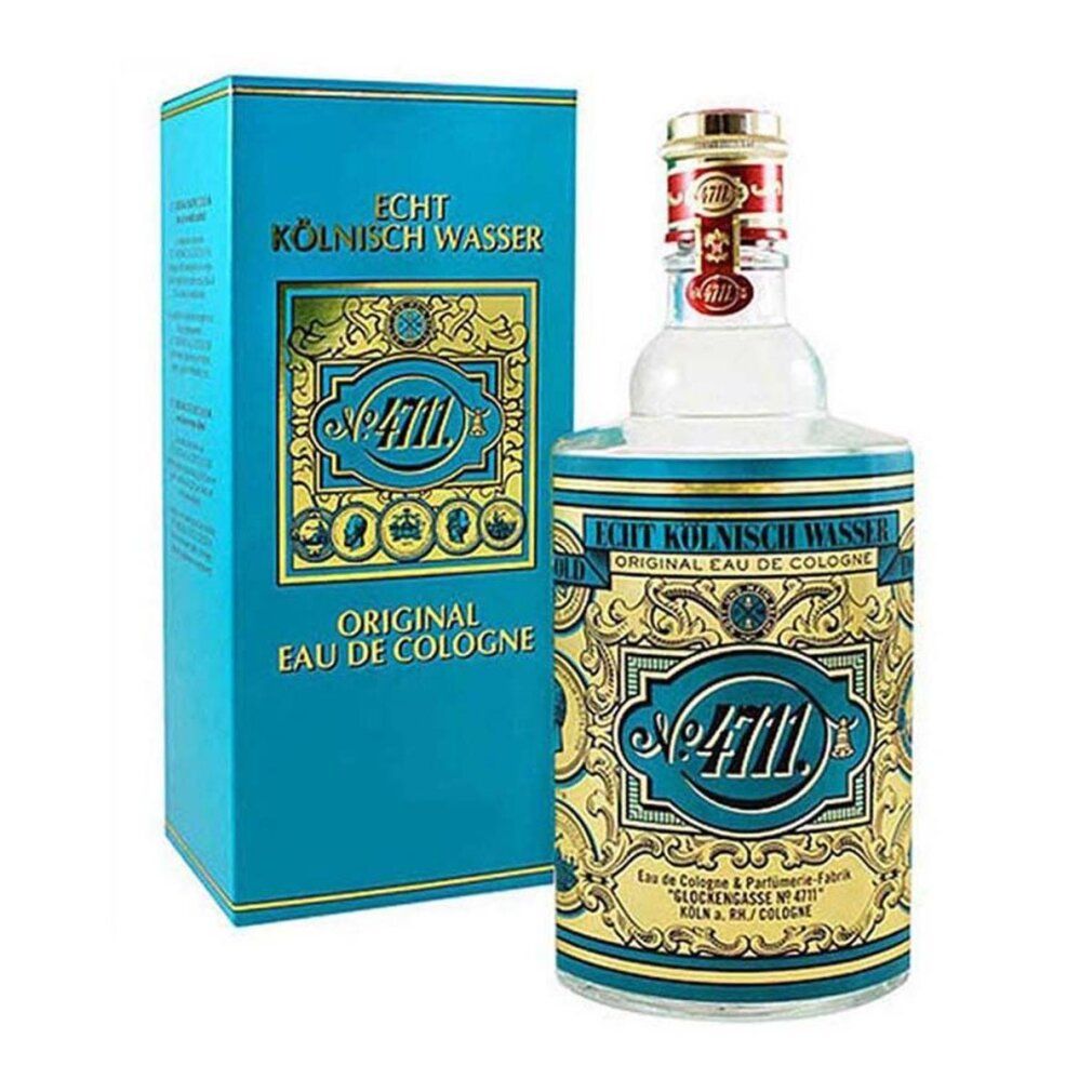 Flakon und Schachtel mit Aufschrift 'Echt Kölnisch Wasser'. Flakon mit goldfarbenem Verschluss und Etikett. Schachtel in Türkis mit goldfarbenen Details.