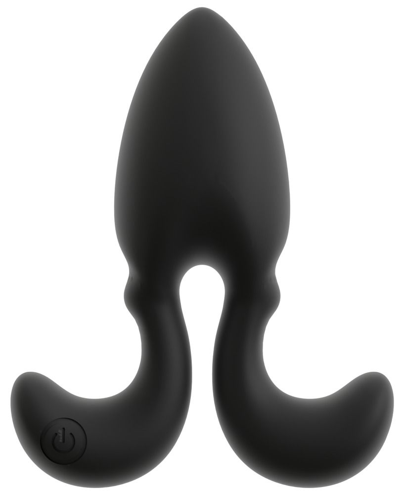 Schwarzer Analplug mit flexiblen Armen, isoliert. Zeigt das Power-Symbol auf einem Arm.
