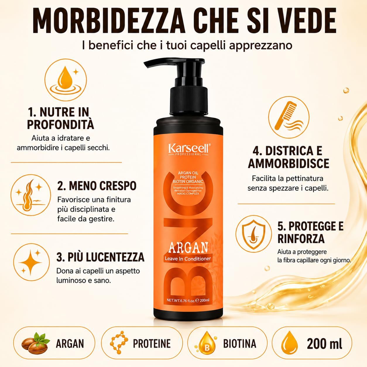 Eine orangefarbene Flasche mit schwarzem Pumpspender, die "Karseell Argan Leave in Conditioner" enthält.