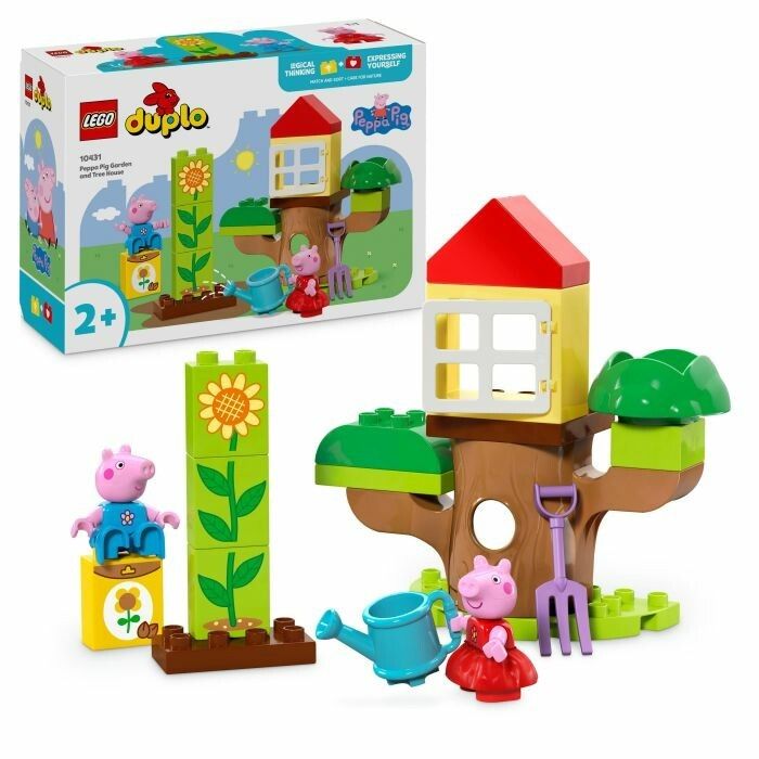 LEGO Duplo Set. Enthält Peppa Pig Figuren, Baumhaus, Blumen, Gießkanne und Zubehör. Verpackung mit Produktbild.