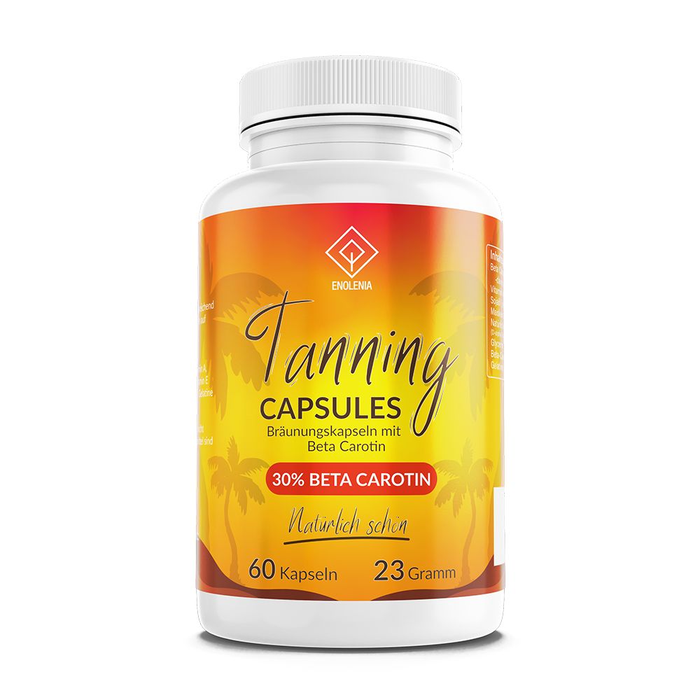 Weiße Flasche mit gelb-orangefarbenem Etikett. Text: Enolenia, Tanning Capsules, 30% Beta Carotin, 60 Kapseln, 23 Gramm.