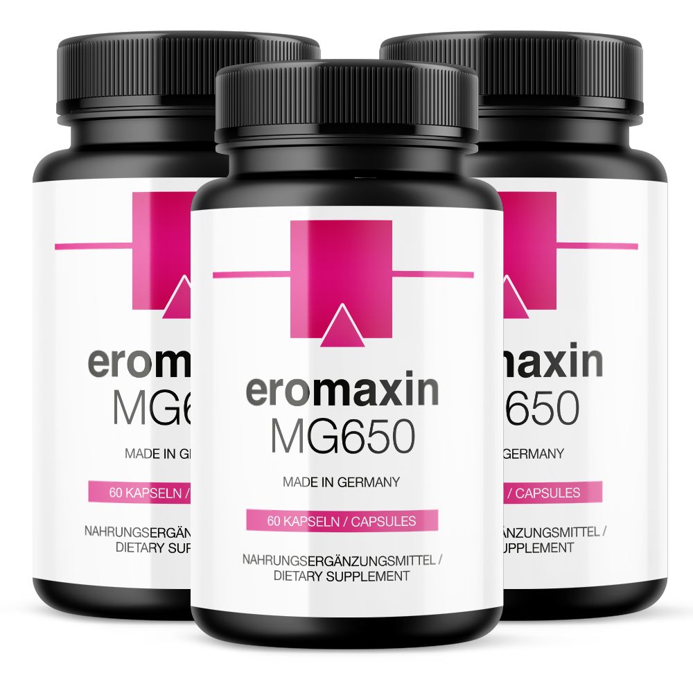 Drei schwarze Flaschen mit weißem Etikett. Aufschrift: eromaxin MG650, 60 Kapseln, Nahrungsergänzungsmittel.