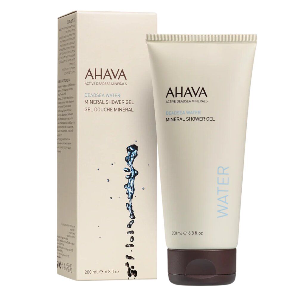 Beige Tube und Verpackung. Aufschrift: AHAVA DEADSEA WATER Mineral Shower Gel. Verpackung mit Text und Logo.