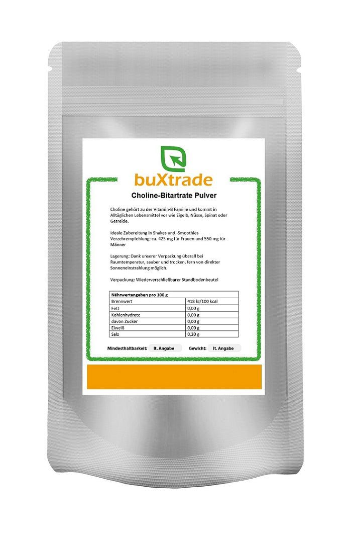 Beutel mit Produktinformationen. Aufschrift: buXtrade Choline-Bitartrate Pulver. Enthält Nährwertangaben und Lagerungshinweise.